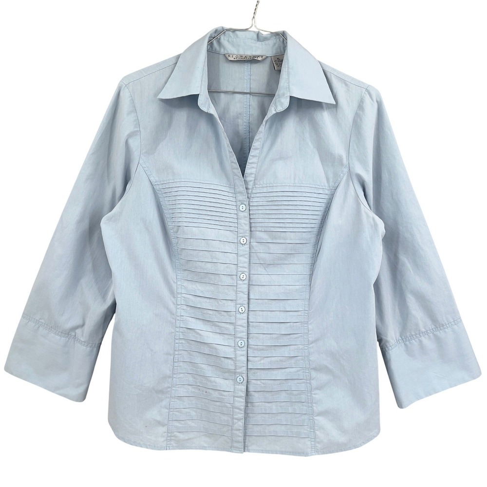 Signature by Larry Levine Womens Blue Tuxedo Blouse Pleated Front 3/4 Sleeve XL